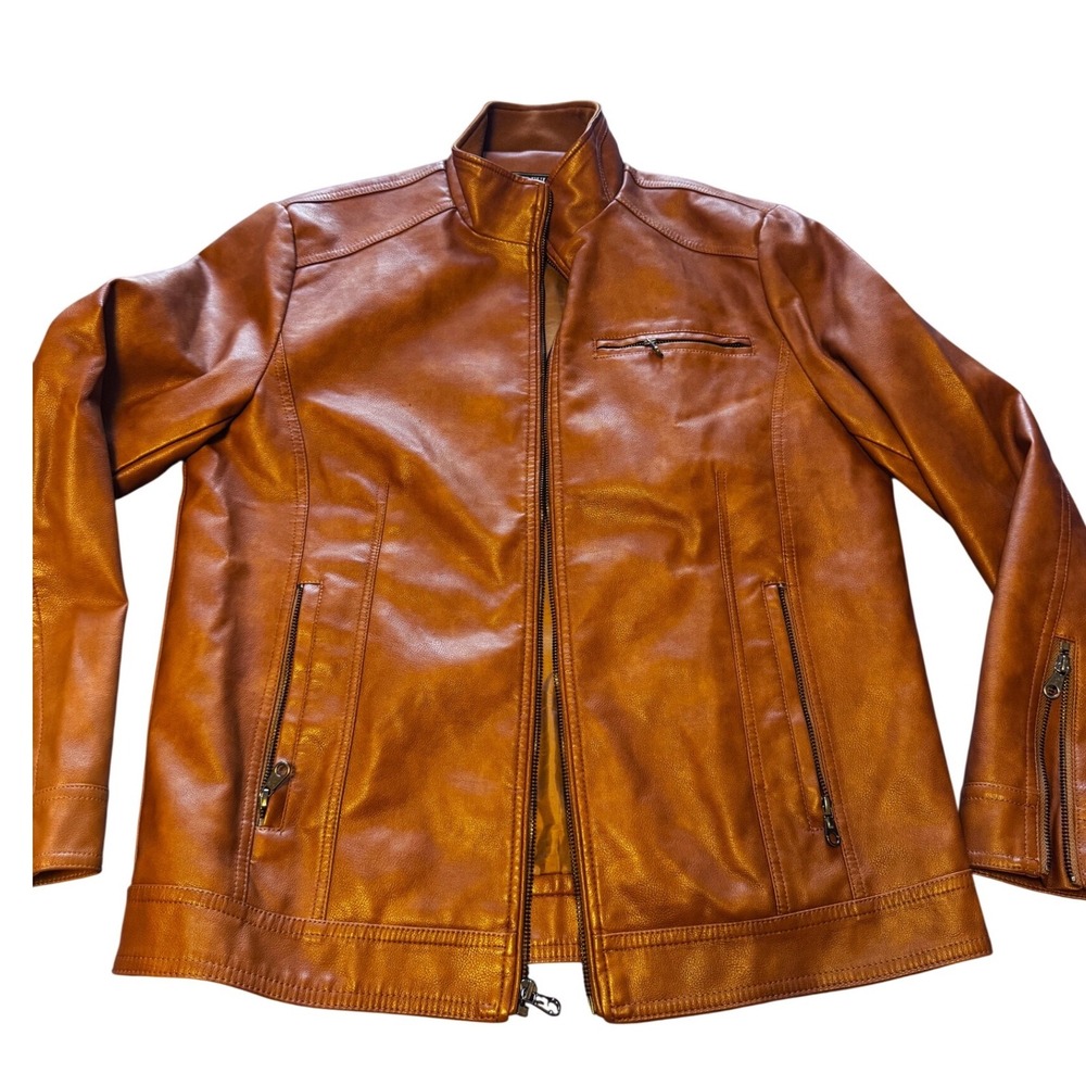 WULFUL Brown Faux Leather Jacket Women's Medium Moto Zip Up Biker Vegan Leather